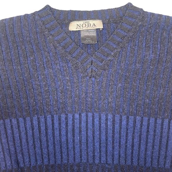 NOBA 1950 V-Neck Knit Sweater Horizontal Stripes Blue Black Italy - Size Large - Picture 2 of 9